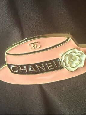 CHANEL Pink and Black Hat Motif Pin with Gold Camellia Accent